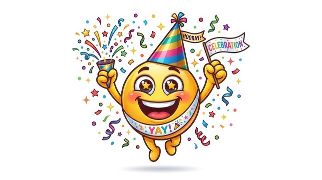 Cheerful celebration emoji character with party hat and confetti, happy yellow face holding celebration flag and yay banner, festive birthday mood isolated on White Background