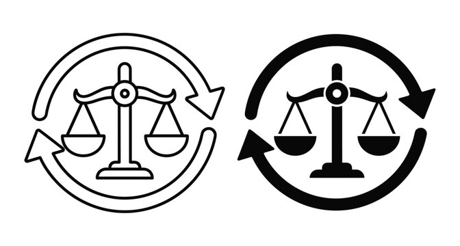 Scales of justice icon with circular arrows representing legal reform law update process equality balance ethics judicial system court symbol