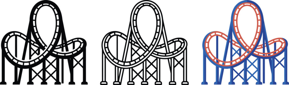 Amusement Park Roller Coaster Loop Icon Set
