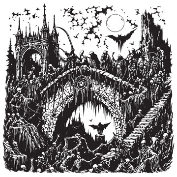 Ruins of a haunted procession with black and white