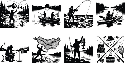 Obraz premium Fishing and angler outdoor recreation black silhouette icon set featuring fly fishing boat ice kayak and gear isolated on white background