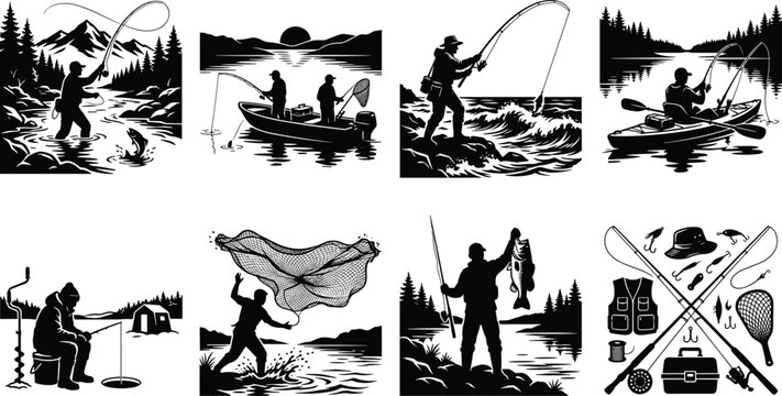 Fishing and angler outdoor recreation black silhouette icon set featuring fly fishing boat ice kayak and gear isolated on white background