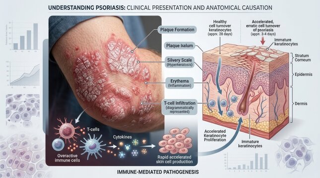 Chronic plaque pathology: psoriasis condition, skin inflammation, cell proliferation, epidermis layer, immune response, dermis anatomy, erythema symptom, keratinocyte development.