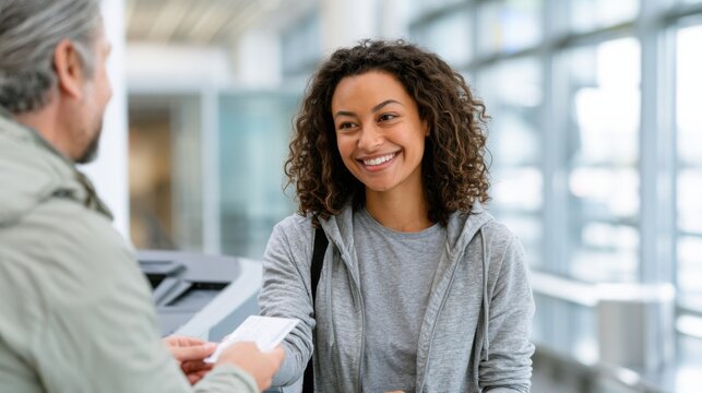 Female traveler with curly hair smiles while handing over boarding pass to male airport staff at modern airport check-in counter with large windows
