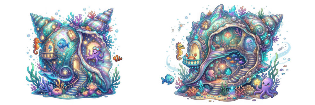 Set of two magical underwater seashell houses with cute sea creatures isolated on transparent background