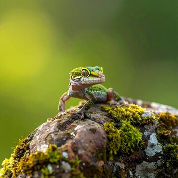 Colorful chameleon perched on mossy rock.