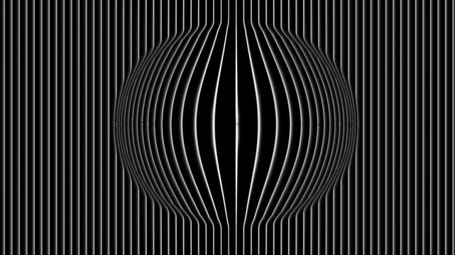 Abstract white vertical lines bending into a 3d sphere optical illusion black background loop
