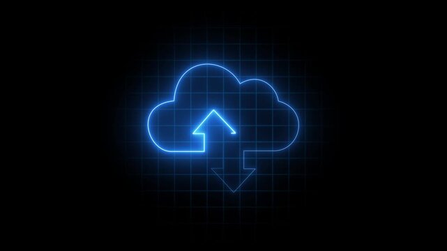Glowing neon cloud storage with arrows, looped animation. Cloud space and technology, data backup icon.4k motion graphics video animation