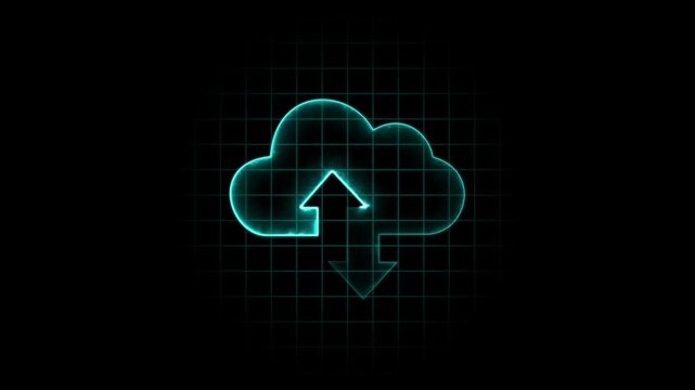 Glowing neon cloud storage with arrows, looped animation. Cloud space and technology, data backup icon.4k motion graphics video animation