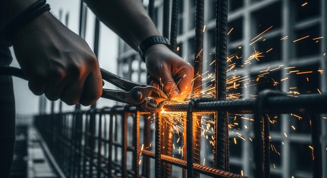 Construction Worker Hands Tying Rebar With Sparks Flying
