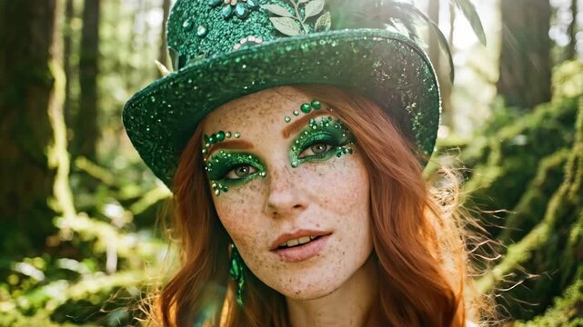 A beautiful redheaded woman wearing a festive green leprechaun hat and creative glittery makeup poses in a mystical mossy forest setting celebrating Saint Patricks Day holiday traditional theme
