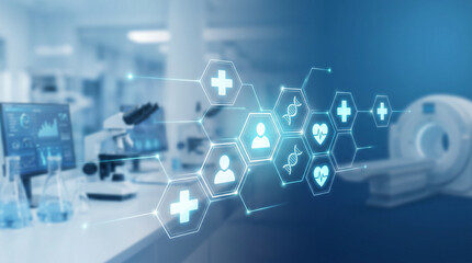 Fototapeta premium Futuristic digital medical interface with healthcare icons and data visualization in a modern laboratory setting