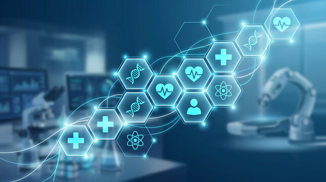 Futuristic digital medical interface with holographic healthcare icons and robotic laboratory equipment in a high tech research facility