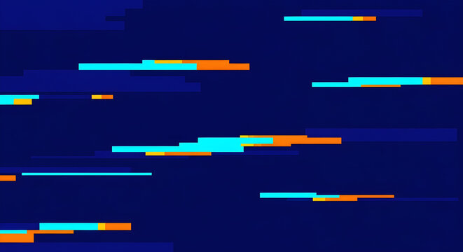 Abstract digital pixel sorting glitch art background in deep midnight blue with fragmented vivid cyan and warm orange horizontal pixel distortion. Bold tech-art aesthetic for music and design.