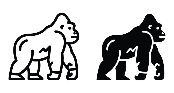 Gorilla icon set featuring outline and solid silhouette styles of a powerful primate walking in profile for wildlife graphic design