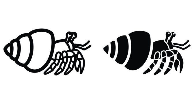 Hermit crab icon set featuring outline and solid black silhouette designs of marine crustacean with spiral shell for sea life graphics