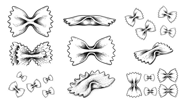 Hand drawn black ink sketch of farfalle pasta, isolated on white background, dry bowtie noodle