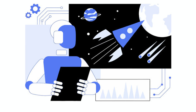Artificial intelligence robot analyzing space exploration data and rocket trajectory on digital screen interface