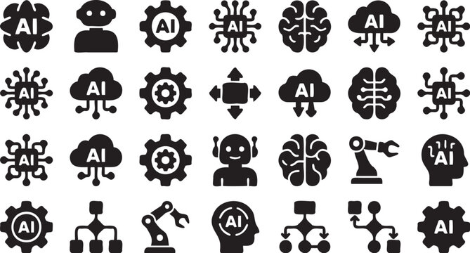 Set of black flat vector icons representing various concepts of artificial intelligence technology and modern machine learning computer software systems