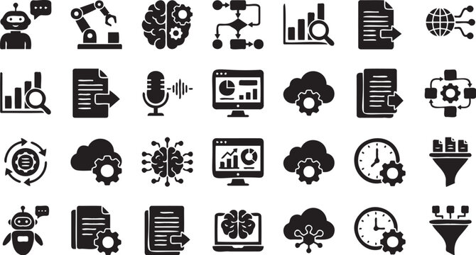 Set of black vector graphic icons representing artificial intelligence concepts including robotics data analytics machine learning and automated workflow processes
