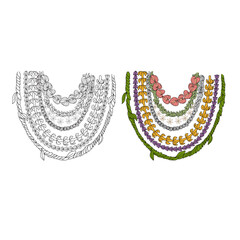 Hawaiian Lei Collection Vector Illustration Set, Traditional Tropical Flower and Ti Leaf Necklaces with Outline and Color Versions © Manjurul