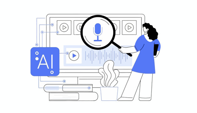 Artificial intelligence voice search and audio analysis concept illustration with a woman holding a magnifying glass