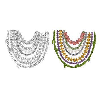 Hawaiian Lei Collection Vector Illustration Set, Traditional Tropical Flower and Ti Leaf Necklaces with Outline and Color Versions