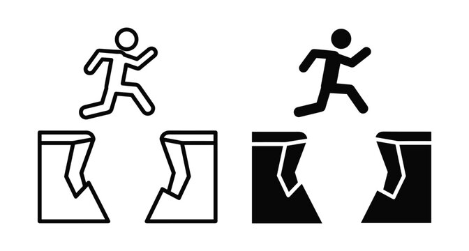 Stick figure jumping over cliff gap representing challenge risk success progress achievement courage leap of faith outline and solid icons