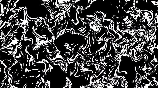 Abstract black and white marbled pattern with flowing swirls, creating dynamic movement and organic texture. Grunge texture background animation.