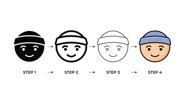Cartoon face drawing process from black to color steps