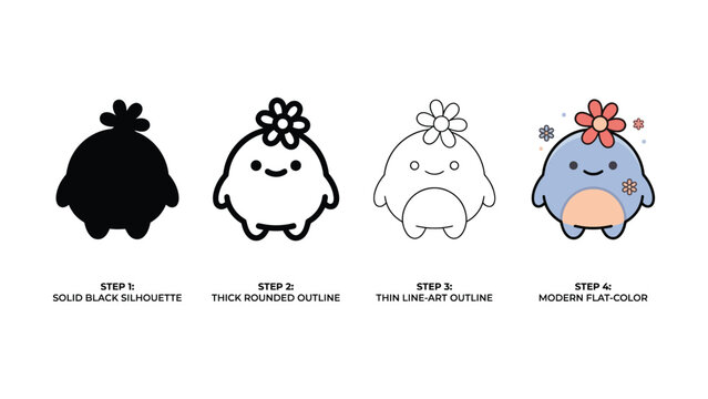 Cute cartoon character design process steps with flower on head