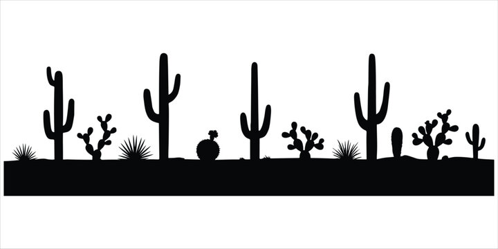 Desert Cactus Silhouette Border On White Background With Ground vector illustration