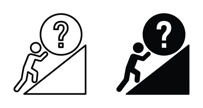 Stick figure pushing heavy question mark ball up steep hill representing challenge difficulty problem solving hard work effort and persistence