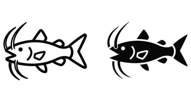 Catfish icon set featuring outline and solid silhouette designs for fishing logos seafood menus aquatic nature illustrations and wildlife graphics