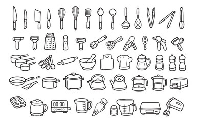 Naklejka premium Minimalist kitchen utensils icon set, hand drawn doodle cooking tools collection, black and white culinary equipment vector illustrations