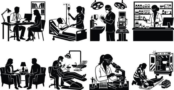 Healthcare professionals and medical occupations black silhouette icon set featuring hospital scenes isolated on white background.