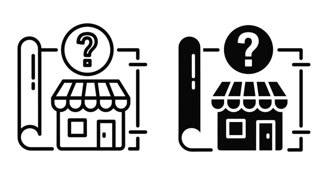 Store building blueprint icon set with question mark for retail planning construction help information business project development site location property