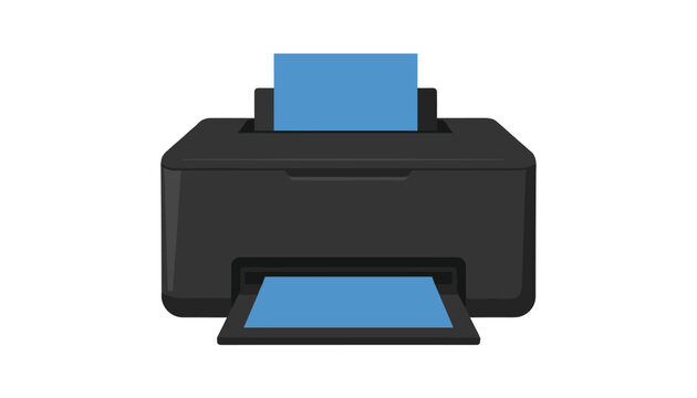 Black desktop printer outputting blue paper sheets with minimalist flat vector style isolated on white background for office document printing concepts.