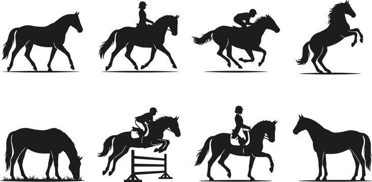 Horse silhouette set with equestrian riders showcasing dressage show jumping horse racing and trotting isolated on white background
