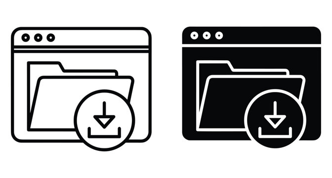 Web browser window folder download icon set featuring outline and solid styles for digital file management interface and software application design