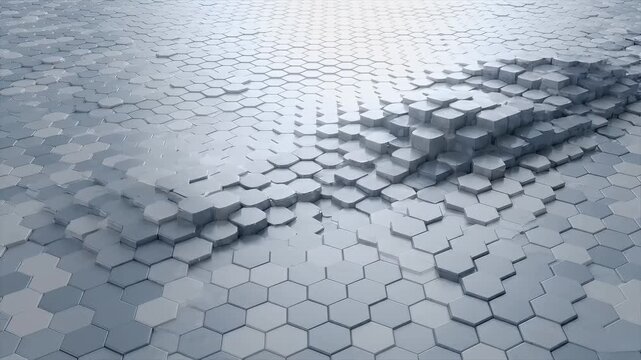 Metallic hexagons, shiny tiles, gray metallic background, reflective surface