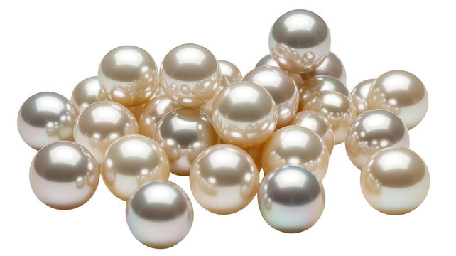 A group of shiny white pearls with soft iridescent reflections piled together on a black background, showcasing their smooth round texture