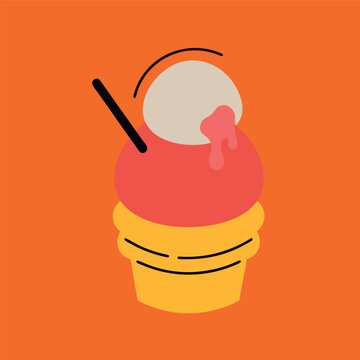 Cute colorful ice cream cone illustration with two scoops, flat vector style, minimal design, bold outlines, bright colors, playful dessert icon
