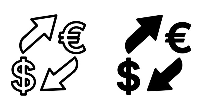 Currency Exchange Icons, Euro Dollar Symbols with Arrows, Financial Transaction Symbols, Vector Graphics for Finance and Business