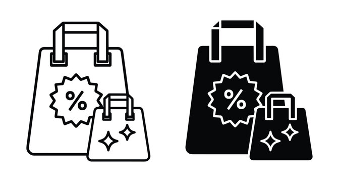 Shopping bag icons with percentage discount sign and sparkle symbols in outline and solid black glyph styles for retail commerce