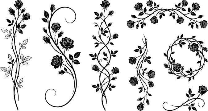 Set of black silhouette rose floral elements, vines and branches with flowers and leaves