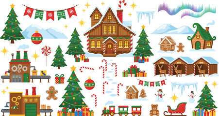 Christmas village vector elements set with Santa workshop factory gingerbread house reindeer trees and festive decorations © Kulsum