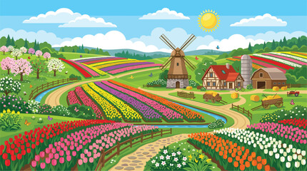 Beautiful Netherlands countryside landscape vector with tulip flower fields traditional windmill farm house barn and sunny sky © Kulsum