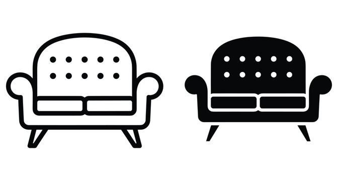 Sofa couch icon set with outline and solid styles for living room furniture interior design home decor seating symbol vector