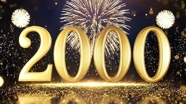 Golden number 2000 with fireworks celebration background. 2000th anniversary and milestone achievement. 2K subscriber count or follower celebration concept. Sparkling gold glitter and bokeh.
